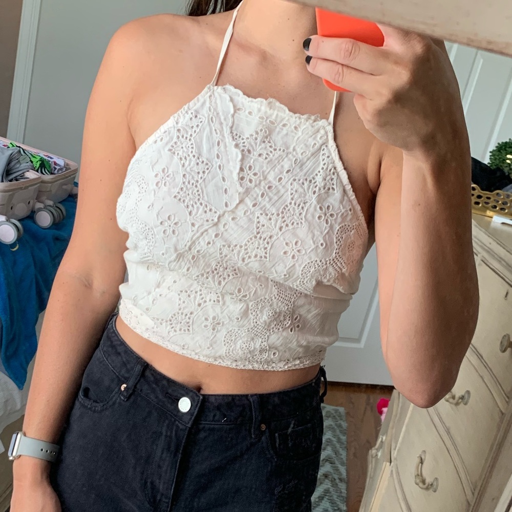 Cropped cream halter top with lace